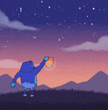 a cartoon character is holding a lantern in front of a sunset .
