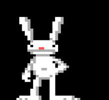 a pixel art of a white rabbit with red eyes and a red nose on a black background .