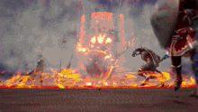 a video game character is fighting a monster with a sword and shield