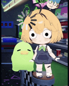 a cartoon girl standing next to a green duck with the word jeeb on it