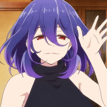 a girl with purple hair is waving her hand