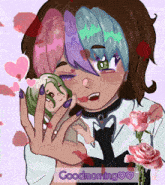 a drawing of a girl with purple nails and the words " good morning "