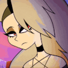 a close up of a cartoon character with long hair and a choker .