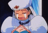 a woman in a white hat is crying with her eyes closed and her mouth open