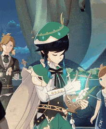 a man in a green hat is holding a lyre
