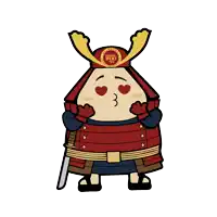 a cartoon drawing of a samurai wearing a red armor and a hat that says yoshi sushi su