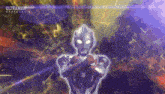 a cartoon character is standing in front of a purple and yellow background with his arms crossed .
