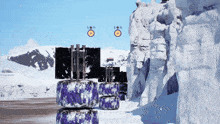 a computer generated image of a snowy landscape with a purple object in the middle