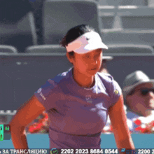 a woman wearing a visor and a purple shirt stands on a court