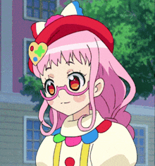 a girl with pink hair is wearing glasses and a hat that says tv tokyo