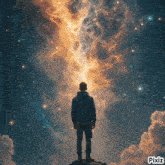 a man in a blue hoodie stands in front of a starry sky with pixiz written on the bottom right