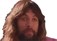 a man with long hair and a beard has a purple shirt on
