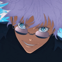 a close up of a person 's face with purple hair and glasses