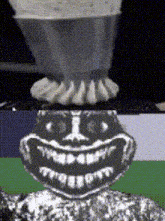 a black and white drawing of a smiley face with a blender in the background