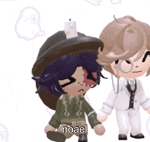 two cartoon characters standing next to each other and one has the word noael on it