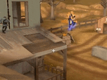 a video game scene with a red shack in the foreground