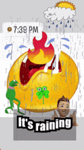 a smiley face with a frog on it and the words it 's raining
