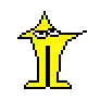 a pixel art of a yellow star with a hat and glasses .
