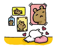 a cartoon drawing of a bear laying on a pillow in front of a wall with pictures of bears on it
