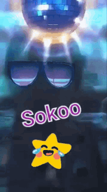 a disco ball is behind a pair of sunglasses and the word sokoo is above it