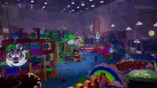a video game screenshot of a playground with a rainbow and a chicken .