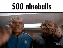 two aliens standing next to each other with the words 500 nineballs written above them