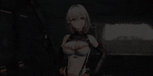 a girl is holding a gun in a dark room with the number 1 on the wall