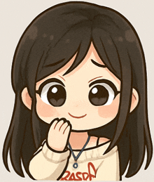 a cartoon drawing of a girl wearing a sweater with the word reason on it
