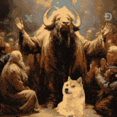 a doge is sitting in front of a painting of a bull with a beard