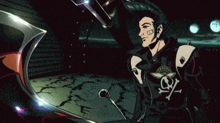 a man with a skull and crossbones on his jacket is holding a wrench