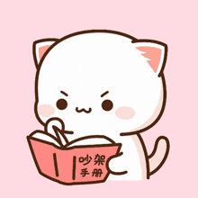a cat is reading a book with chinese characters on it