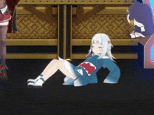 a girl in a shark costume is laying on the floor in a video game .
