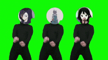 three anime characters are dancing in front of a green screen