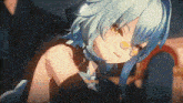 a close up of a anime girl with blue hair and glasses .