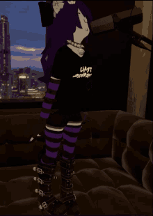 a girl with purple hair is wearing a black shirt that says " chat privilege "
