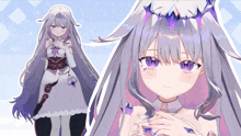 a drawing of a girl with long purple hair and a crown on her head