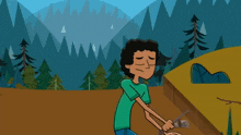 a boy in a green shirt is holding a slingshot in a cartoon scene