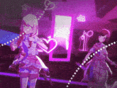 two anime girls are standing next to each other in front of a mirror