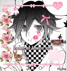a black and white drawing of a girl with flowers and the words kokichi loves riri