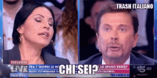a man and a woman are on a television screen with the words trash italiano on the top
