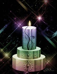 a candle on a cake with the name j.s.san on the bottom right