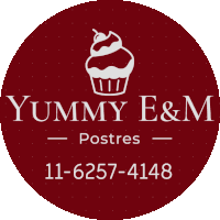 a logo for yummy e & m postres with a cupcake