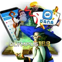 an advertisement for olympus 188 shows a wizard holding a torch