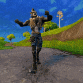 a video game character is standing on a dirt road with trees in the background