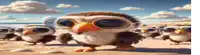 a group of cartoon birds wearing sunglasses are walking on the beach .