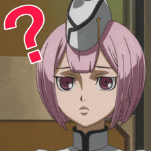 a pink haired anime girl with a question mark above her head