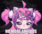 a cartoon girl with pink hair and horns is holding a lollipop in her hand .
