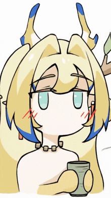 a drawing of a girl with horns drinking from a green cup