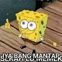 spongebob is giving a thumbs up on a wooden floor .