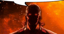 a silhouette of a man with red eyes and a white speech bubble